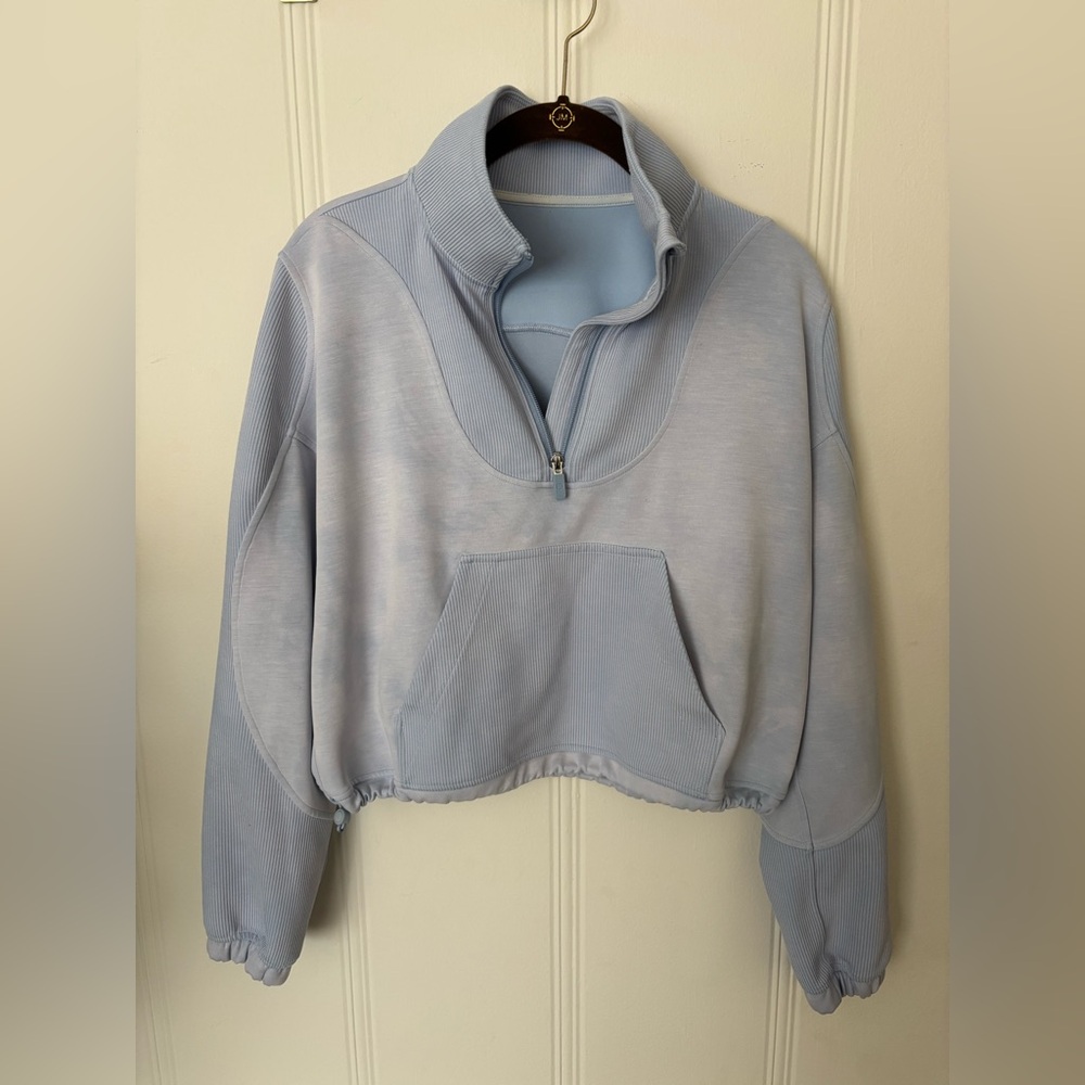 powder blue Brushed Softstreme Ribbed Half Zip with slight distressing
